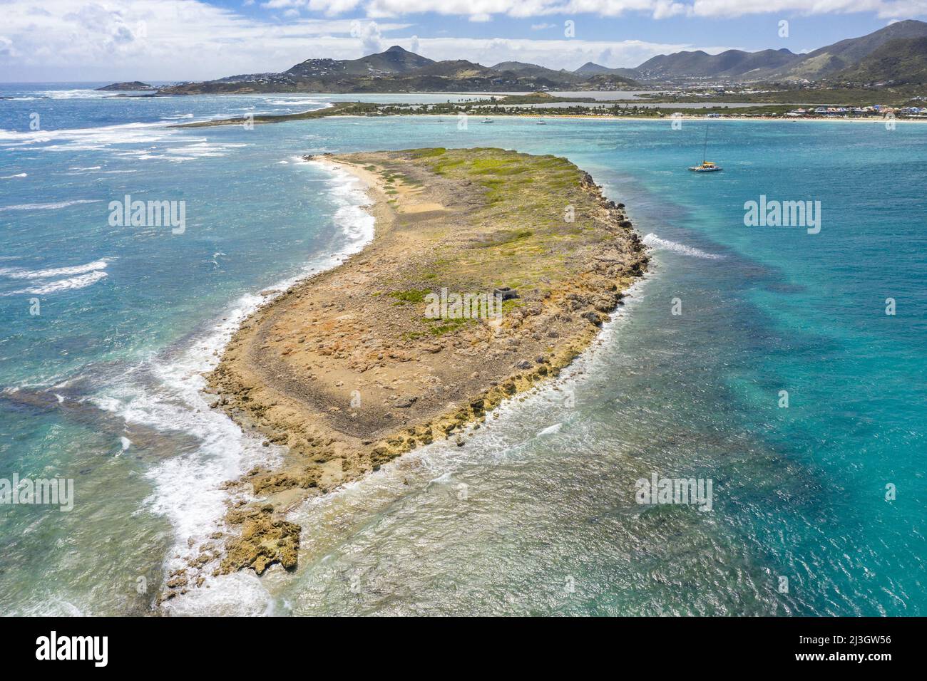 France, Lesser Antilles, French West Indies, Saint-Martin, National Nature Reserve (aerial view) of Caye Verte islet Stock Photo