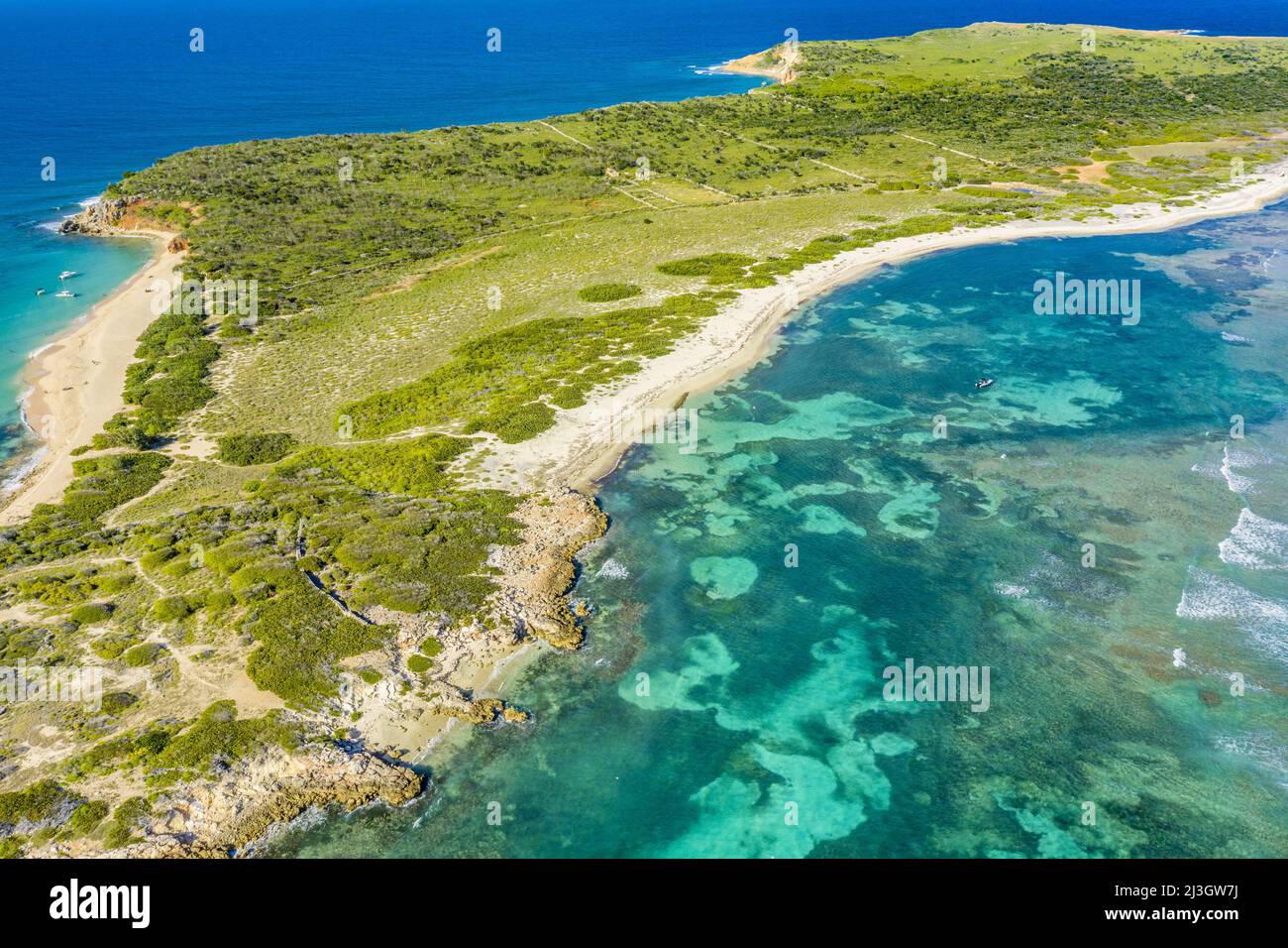 America, Caribbean, Lesser Antilles, French West Indies, Saint-Martin, National Nature Reserve, Tintamarre Island (aerial view) Stock Photo