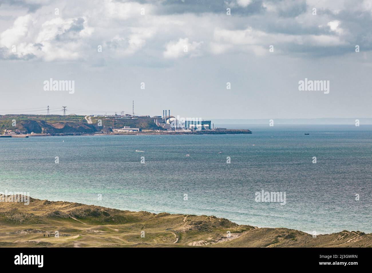 France, Manche, Cotentin, Cap de la Hague, Biville, sand dunes, sea and Flamanville nuclear power plant, its 3 reactors including the EPR Stock Photo