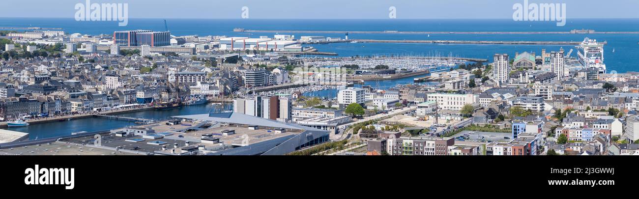 France, Manche, Cotentin, Cherbourg-Octeville, high-resolution panoramic view of the Hermione frigate in Bassin du Commerce, the Chantereyne marina and the main building of the Naval Group military submarine assembly yard Stock Photo