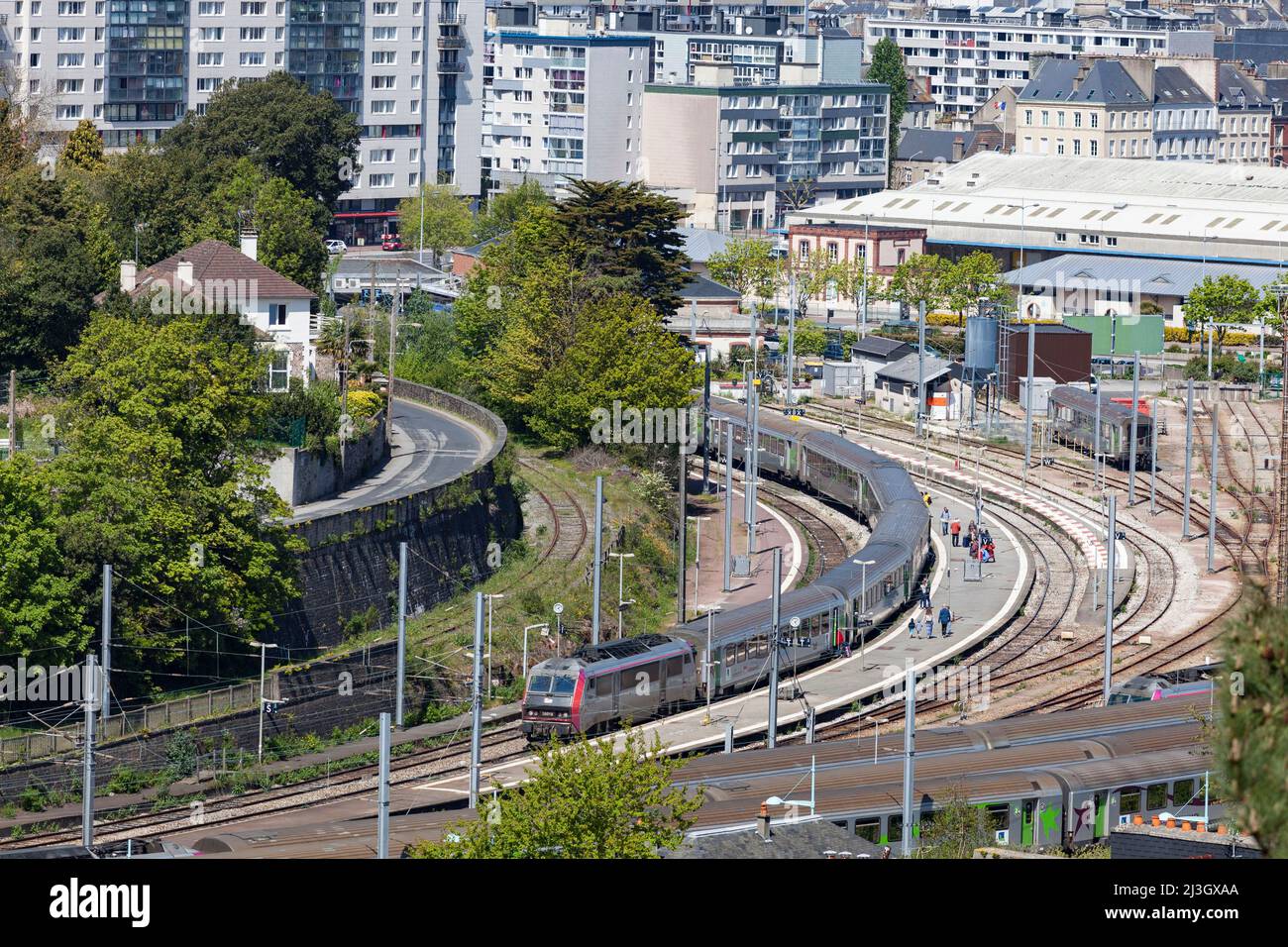 France, Manche, Cotentin, Cherbourg-Octeville, elevated view of the railway station and trains Stock Photo