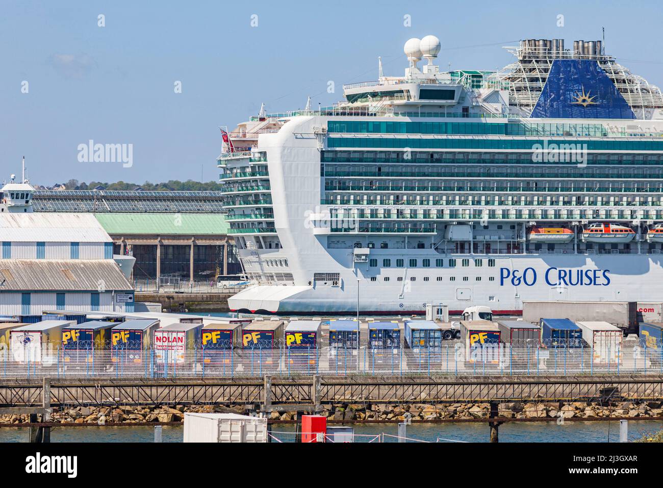France, Manche, Cotentin, Cherbourg-Octeville, cruise ship MS Azura belonging to the company P&O Cruise, docked at former maritime passenger terminal, rehabilitated into a museum, called Cité de la Mer Stock Photo