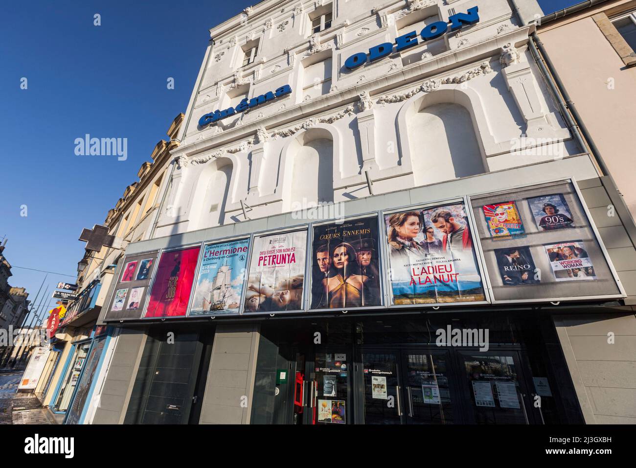 France, Manche, Cotentin, Cherbourg-Octeville, downtown, Art deco façade of Odéon movie theatre, labeled Arthouse Stock Photo