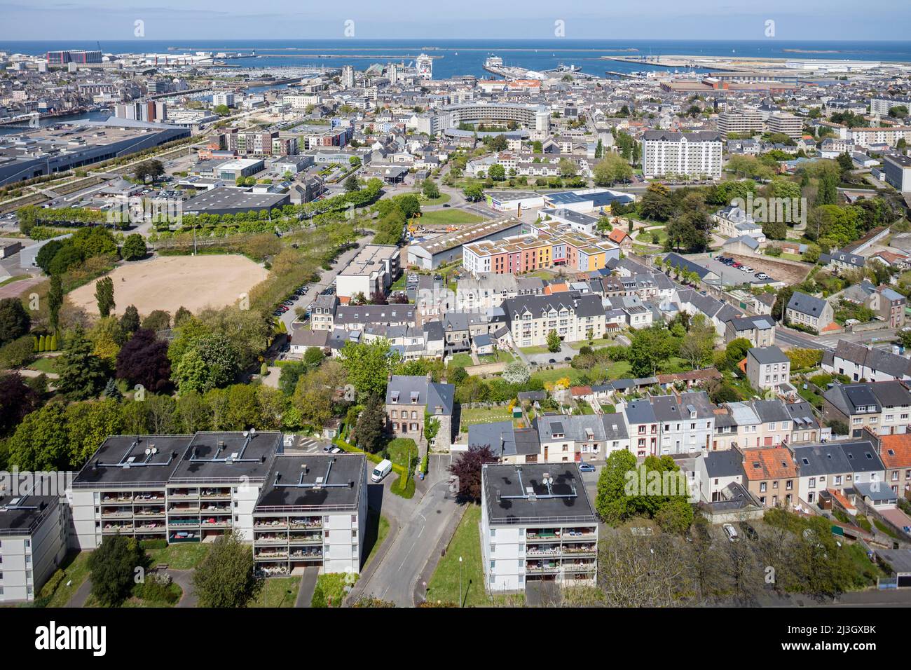 France, Manche, Cotentin, Cherbourg-Octeville, general view of the public garden, the basins, the shipyard, the hospital and the residential areas at the foot of the Fort du Roule Stock Photo