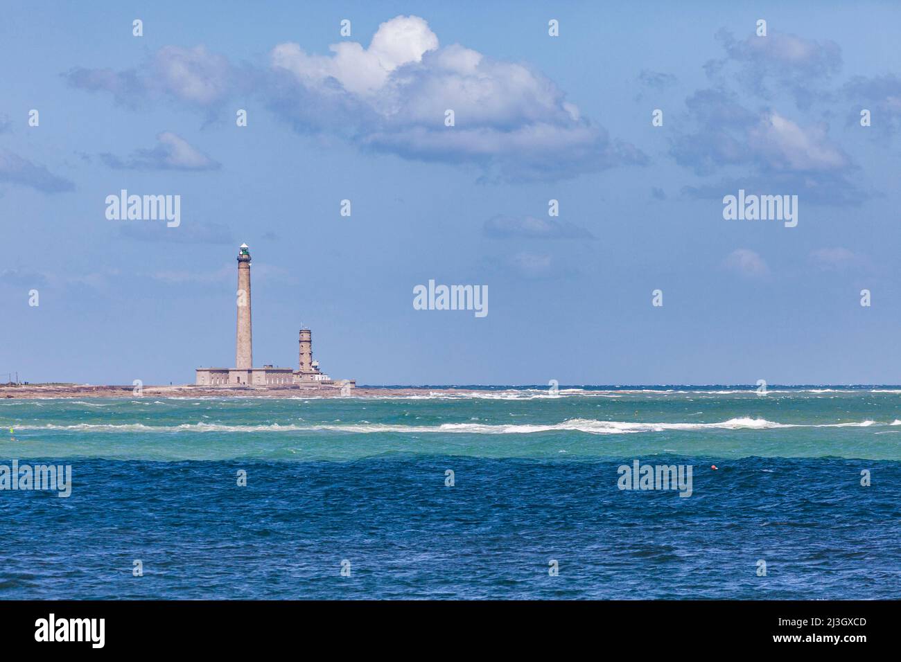 France, Manche, Cotentin, Barfleur, labeled The Most Beautiful Villages of France, Gatteville lighthouse and turquoise blue ocean seen from Fort street Stock Photo