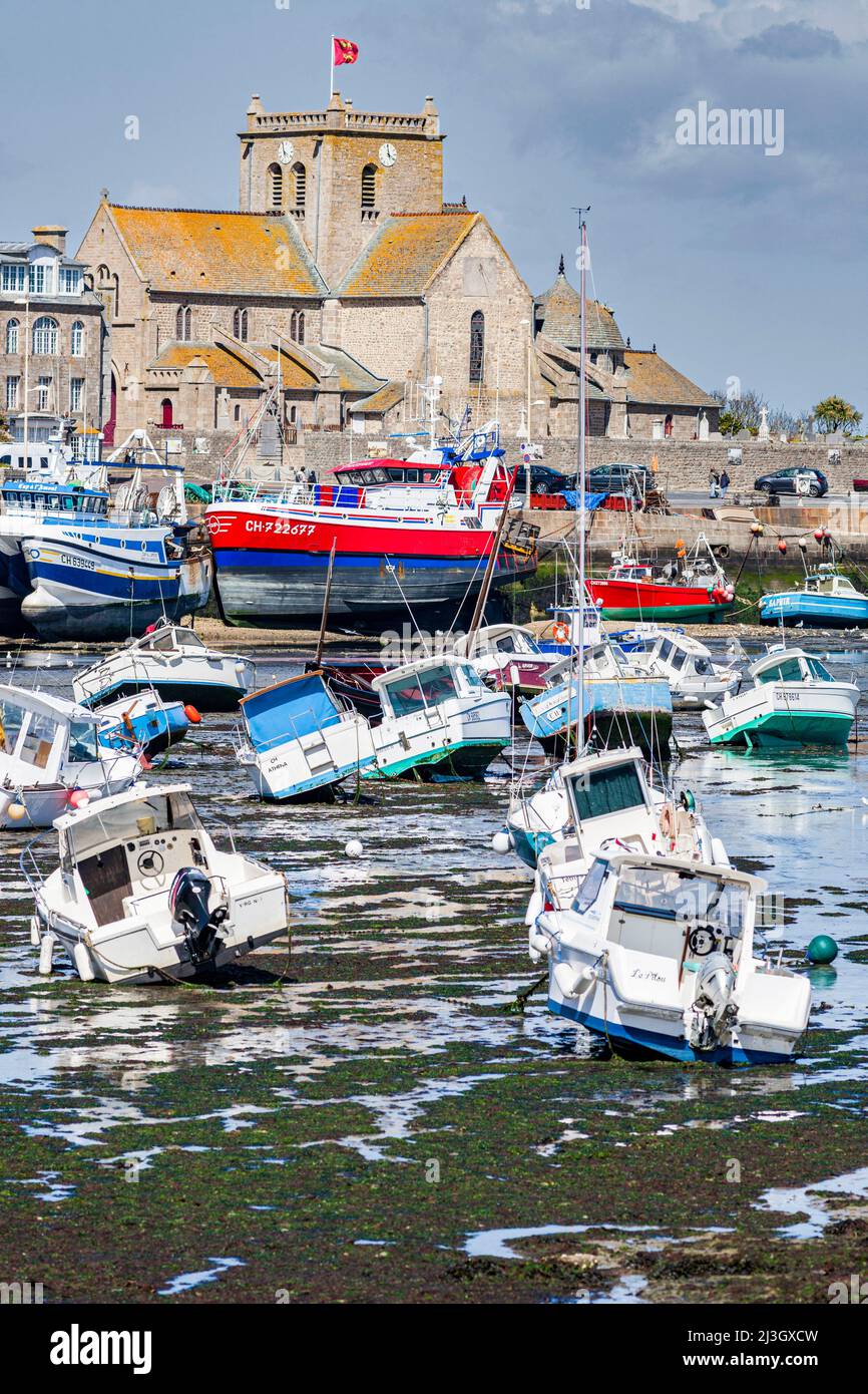 France, Manche, Cotentin, Barfleur, labeled The Most Beautiful Villages of France, fishing and beaching harbour and Saint-Nicolas church Stock Photo