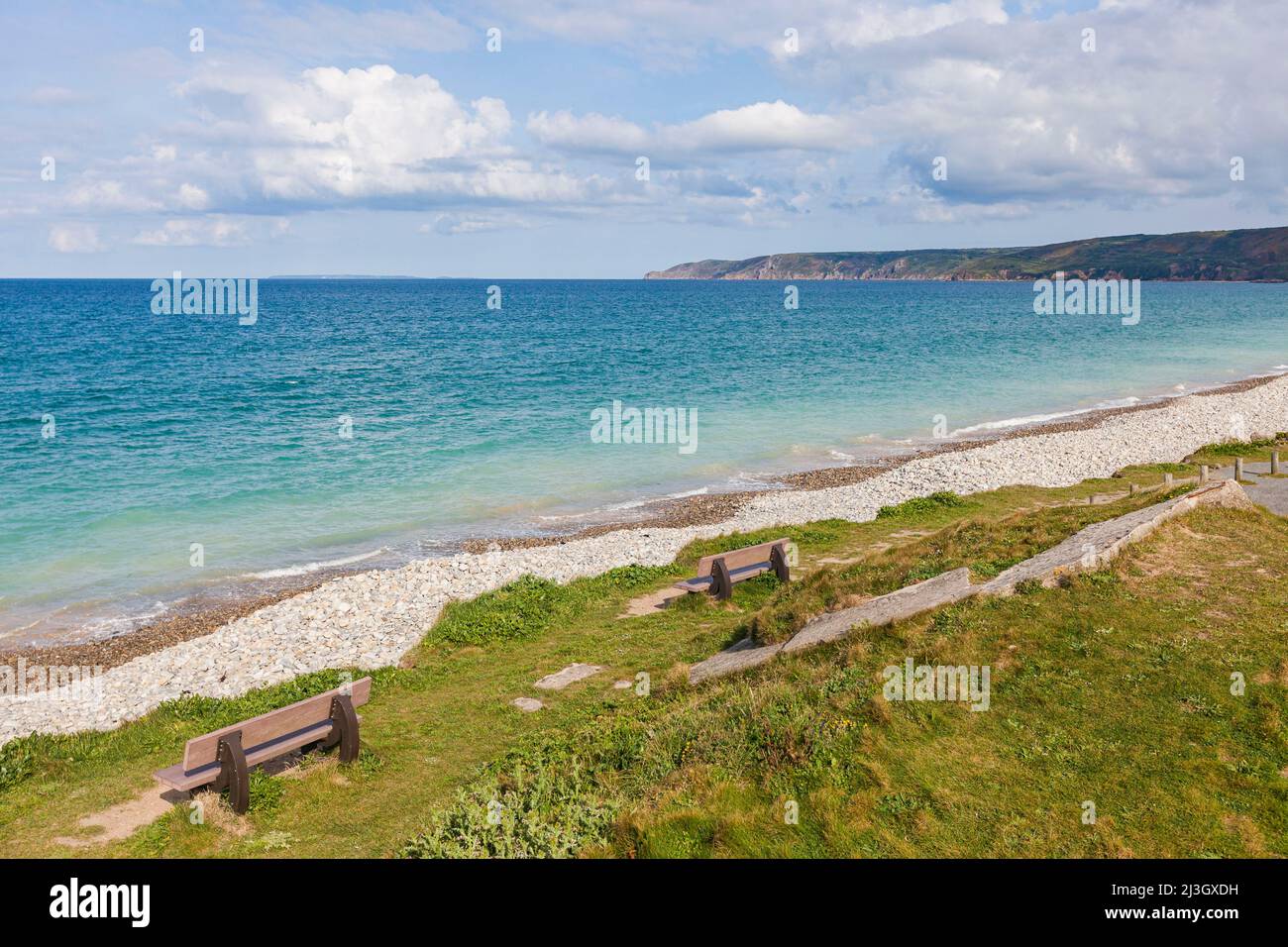 France, Manche, Cotentin, Cape Hague, Vauville, turquoise blue sea and Vauville cove beach, listed as a Natura 2000 site, crossed by the GR223 coastal path Stock Photo