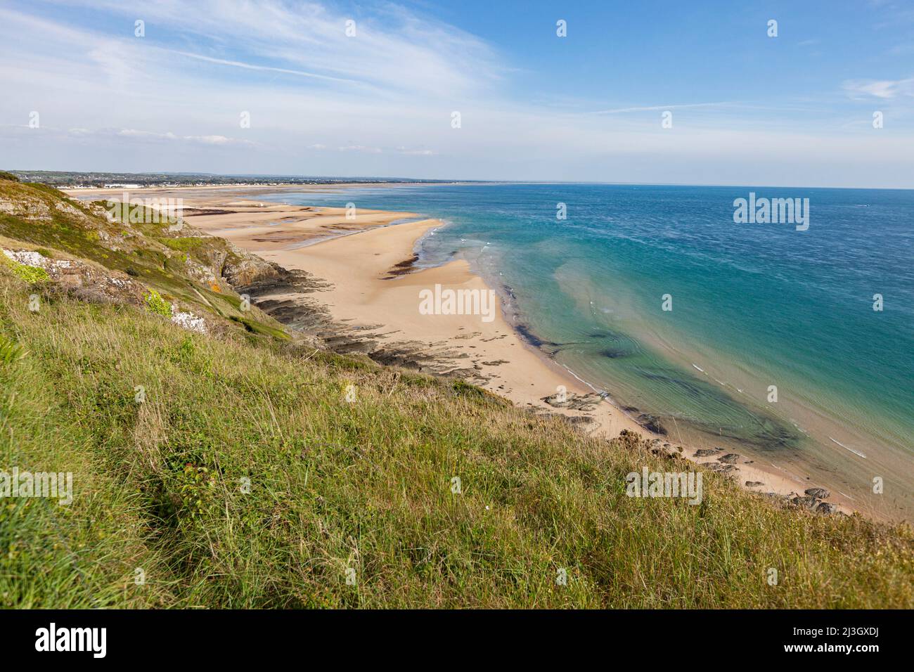 France, Manche, Cotentin, Barneville-Carteret, Cap de Carteret, Carteret beach and turquoise blue sea Stock Photo