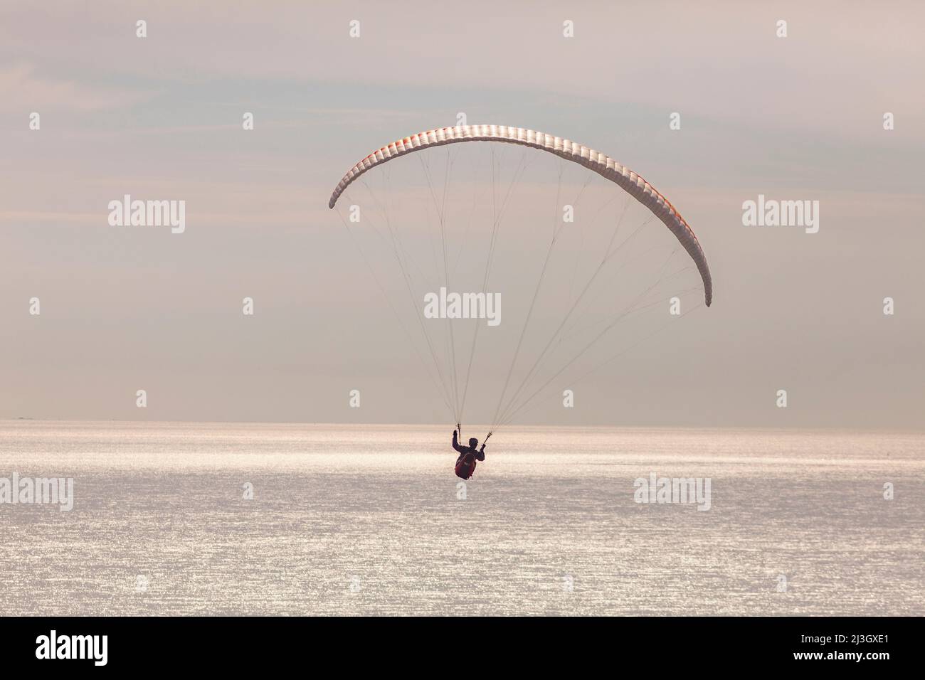 France, Manche, Cotentin, Barneville-Carteret, Cap de Carteret, Vieille Eglise beach, paragliding Stock Photo