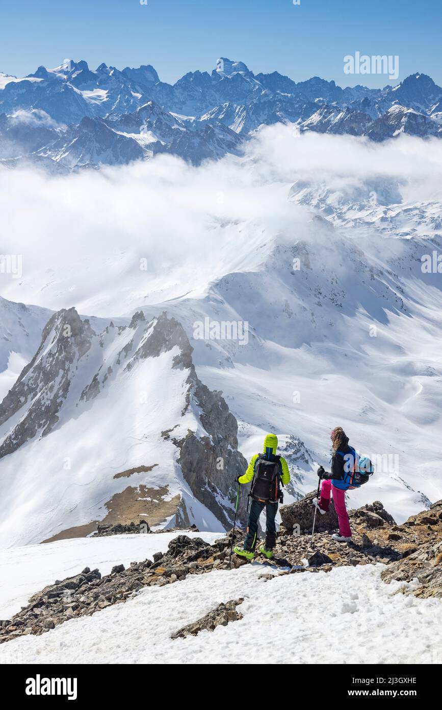 France, Hautes-Alpes, Névache, Ski touring raid, from the summit of Mont Thabor (3178m), seen on the Pointe des Angelières, in the background seen on the Ecrins massif, the Barre des Ecrins (4102 m) Stock Photo