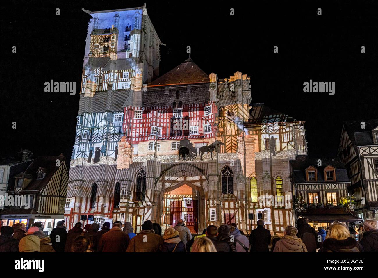 France, Normandy, Eure, Risle Valley, Pont-Audemer, labeled the Most Beautiful Detours of France, nicknamed the Little Venice of Normandy, projection mapping on Saint-Ouen church (16th century), video mapping show directed by Sylvain Legros with the voice of Bruno Putzulu, telling the town's history in 10 animated frescoes Stock Photo