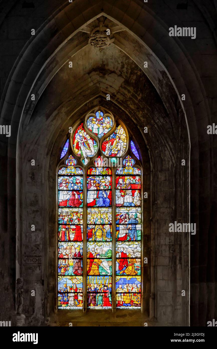France, Normandy, Eure, Vallée de La Risle, Pont-Audemer, labeled the Most Beautiful Detours of France, nicknamed the Little Venice of Normandy, stained glass window depicting 12 scenes from the life of Bishop Saint-Ouen (7th century) Stock Photo