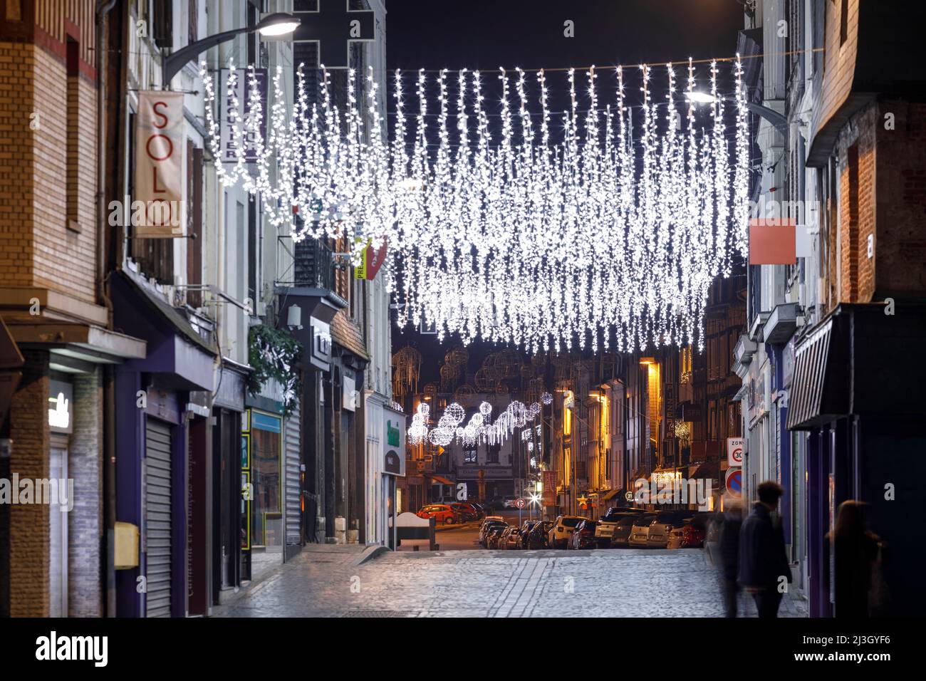 France, Normandy, Eure, Risle Valley, Pont-Audemer, labeled the Most Beautiful Detours of France, nicknamed the Little Venice of Normandy, Christmas lights in the streets Stock Photo