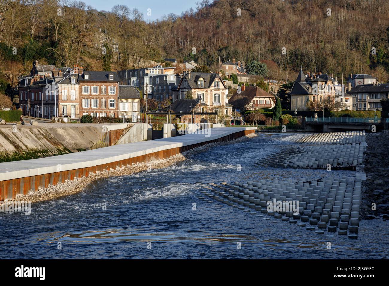 France, Normandy, Eure, Risle Valley, Pont-Audemer, labeled the Most Beautiful Detours of France, nicknamed the Little Venice of Normandy, new fish pass, replacing the Madeleine hydroelectric dam, to ensure the biological continuity of migrating fish Stock Photo