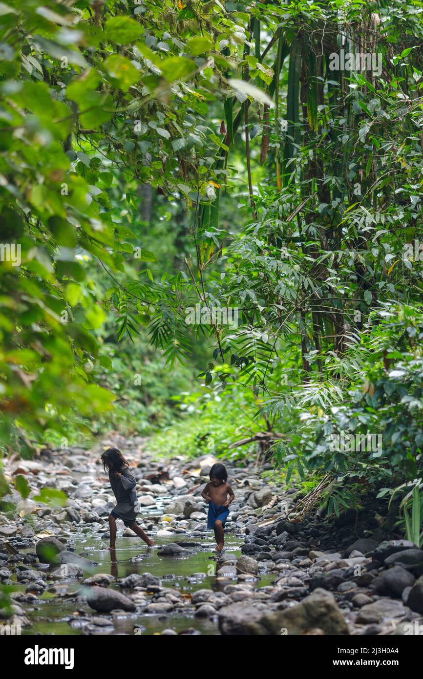 Philippines, Palawan, Rizal, Singnapan Valley, trek to meet the Tau't Batu people, Tau't Batu children playing in a river Stock Photo