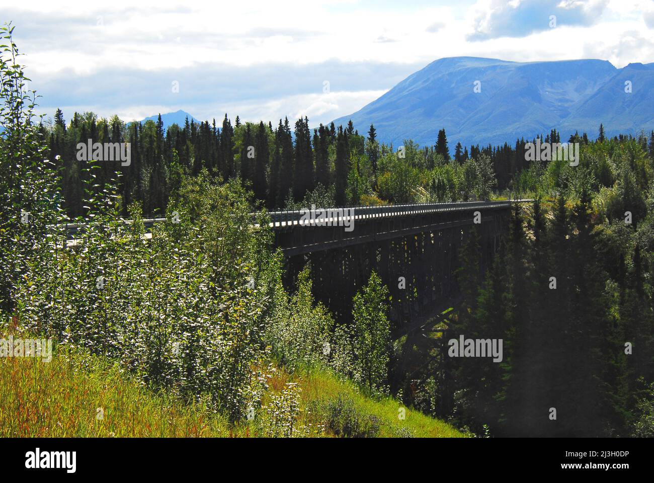 Panoramic landscape of bridge, gorge and mountains in less discovered beautiful Wrangell-St. Elias National Park in Alaska, USA Stock Photo