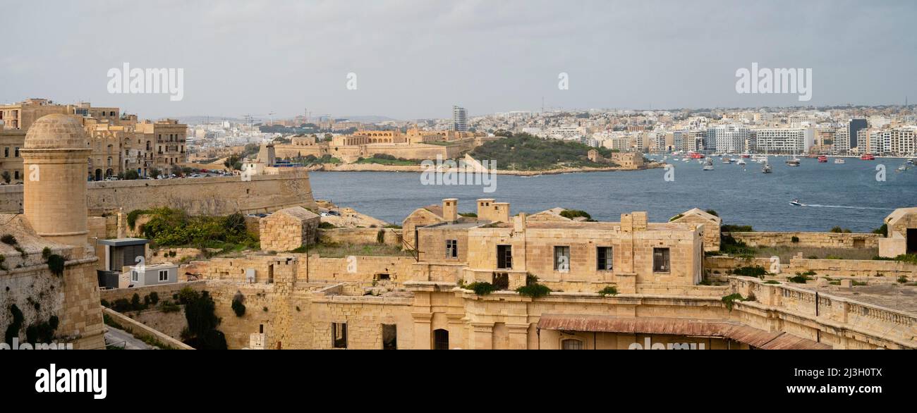Malta, Valletta, city listed by UNESCO as Worlheritage, St Elmo fort walls and view over the bay Stock Photo
