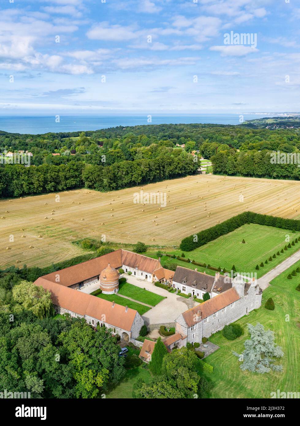 France, Seine Maritime, Varengeville sur Mer, manor of Ango, Renaissance residence, built by the shipowner Jean Ango (aerial view) Stock Photo