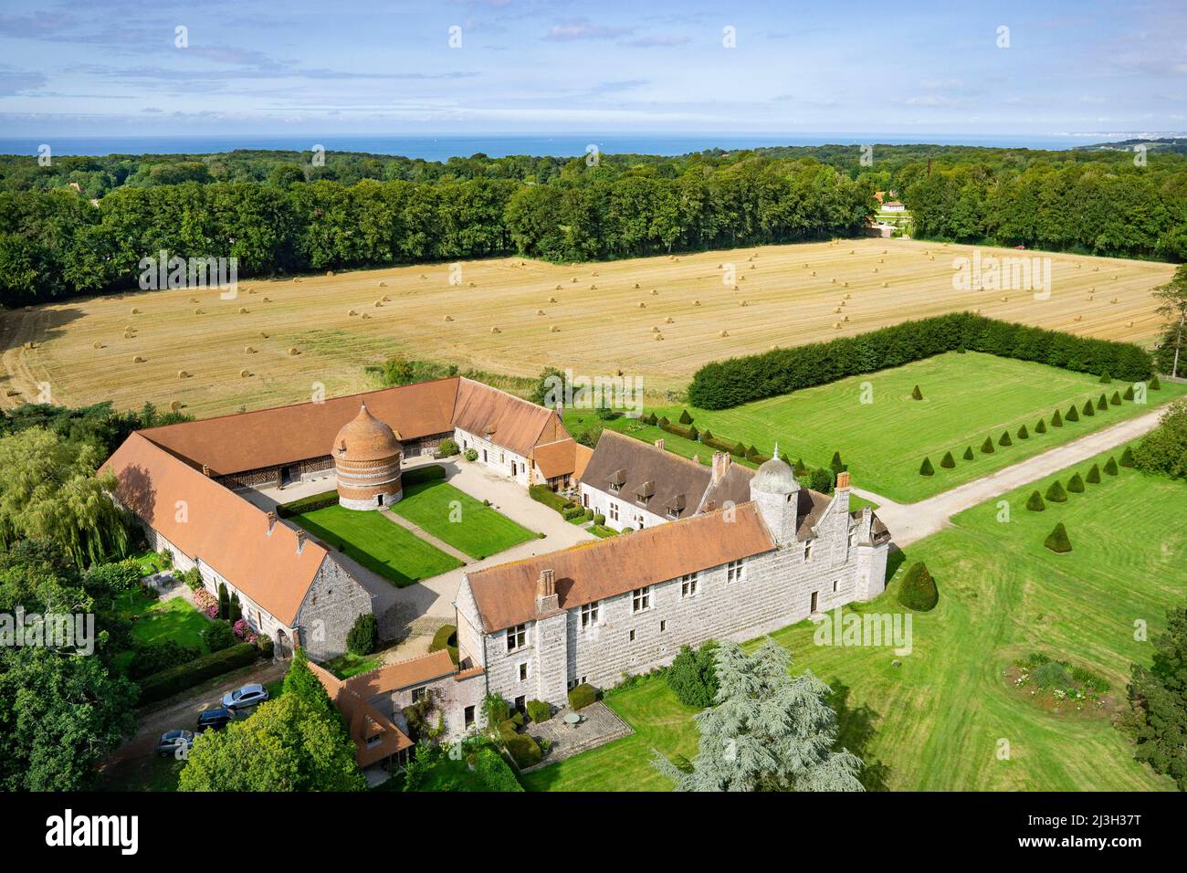 France, Seine Maritime, Varengeville sur Mer, manor of Ango, Renaissance residence, built by the shipowner Jean Ango (aerial view) Stock Photo