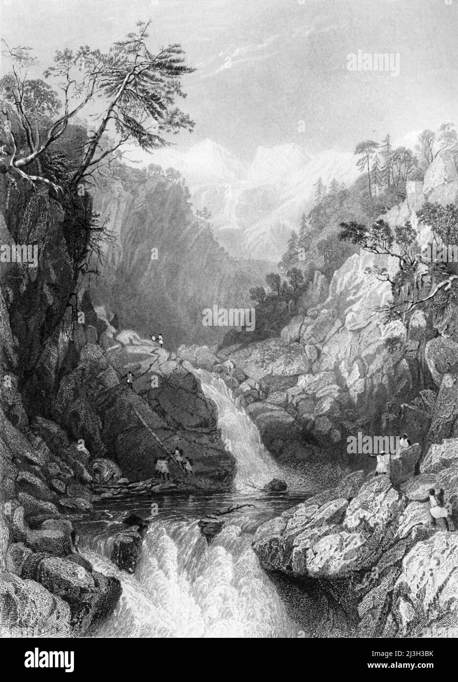 'View near the Source of the Jumna', 1845. Waterfall on the Yamuna River in northern India. From &quot;Hindostan, The Shores of the Red Sea, and The Himalaya Mountains, Vol. I&quot;. [Fisher, Son &amp; Co., London, 1845] Stock Photo