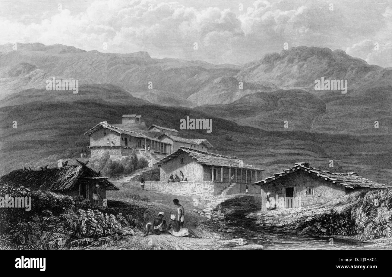 'Jerdair, - A Hill Village, - Gurwall', 1835. Rural scene in Tehri Garhwal, Uttarakhand, India. From &quot;Views in India, China and on the Shores of the Red Sea, Vol. II&quot;. [Fisher, Son &amp; Co., London, 1835] Stock Photo