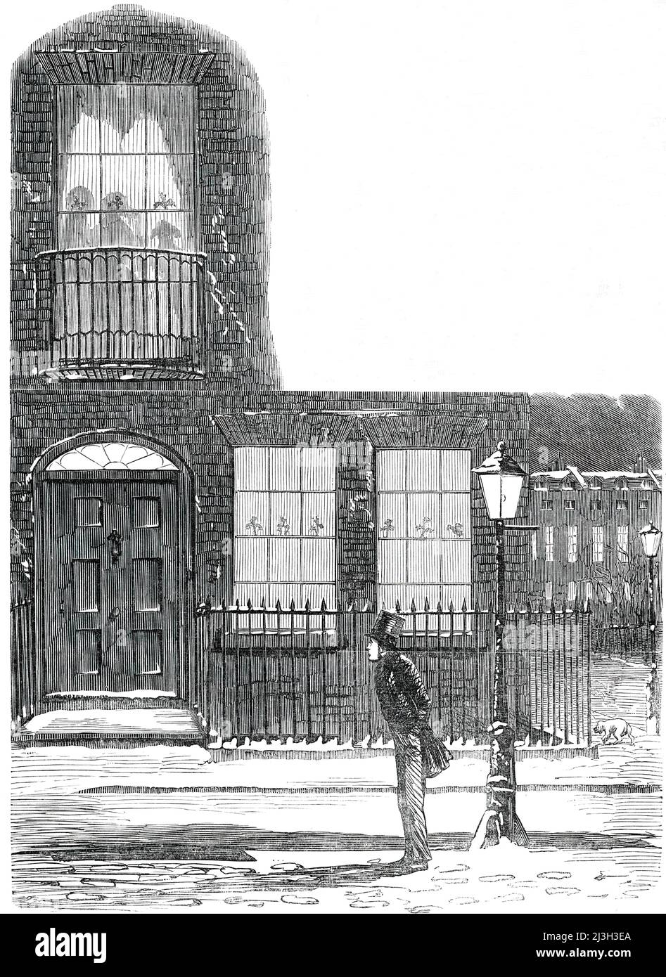 The Young Man Who is Alone, on Christmas Day - drawn by Leech, 1850. Illustration to &quot;Cold out of Doors, and Cold In-Doors, or, Tom Smithers's Christmas Day&quot;. 'Tom Smithers was a member of the Honourable Society of the Middle Temple...but on Christmas Day, 184-, Tom found himself with no invitation to dinner...on his way back to Chambers, he casts up a disconsolate glance at the house. Can it be? There is light in the kitchen - there is light in the drawingroom! Huzza! &quot;They are at home !&quot; And he knew them of old - the best people alive; and their house he knows for a house Stock Photo