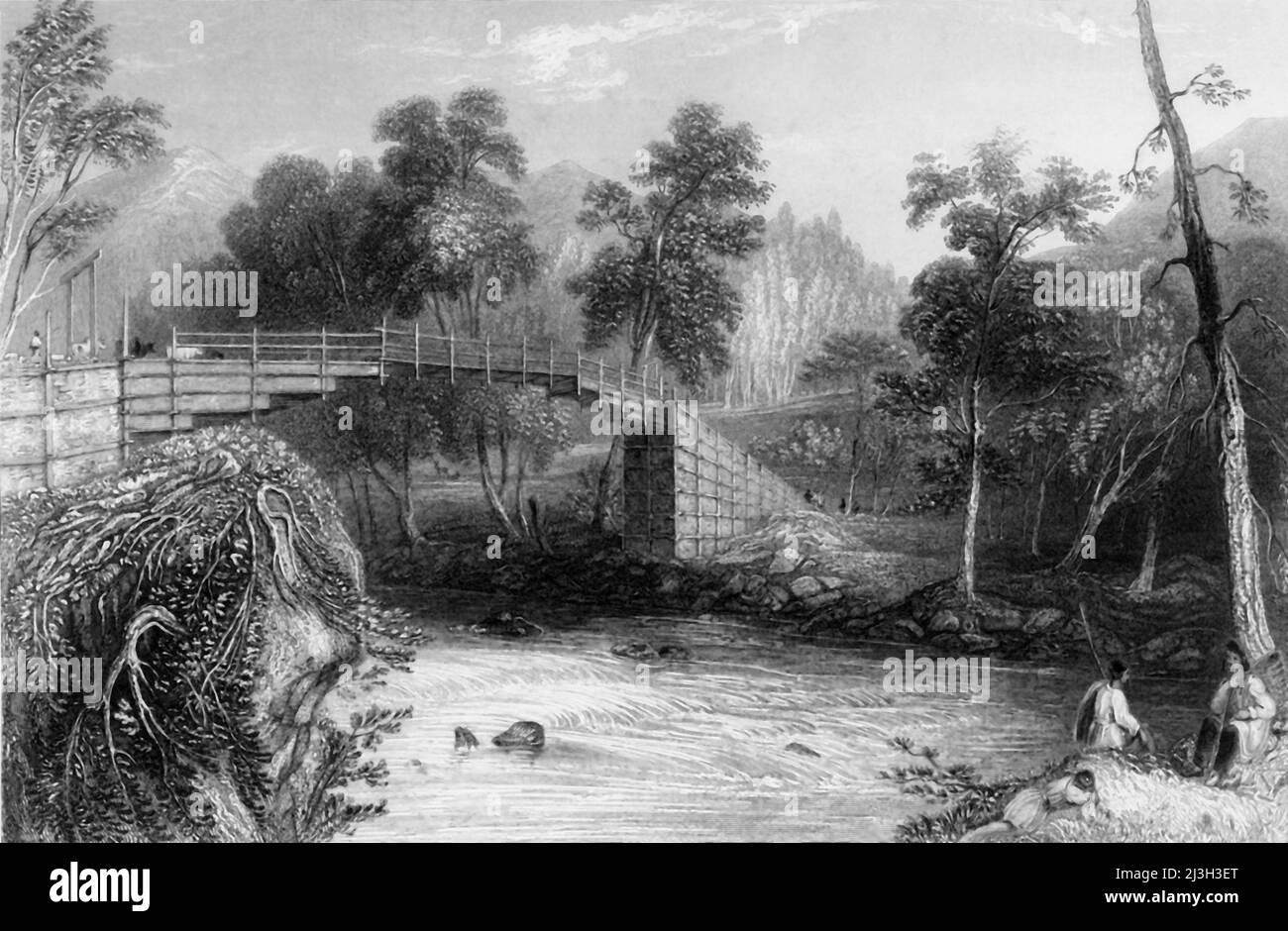 'The Bridge at Bhurkote', 1845. Indian scene, possibly a view of the Yamuna river at Barkot in Uttarakhand, or of the Bramhani River at Barkote in Odisha. From &quot;Hindostan, The Shores of the Red Sea, and The Himalaya Mountains, Vol. II&quot;. [Fisher, Son &amp; Co., London, 1845] Stock Photo