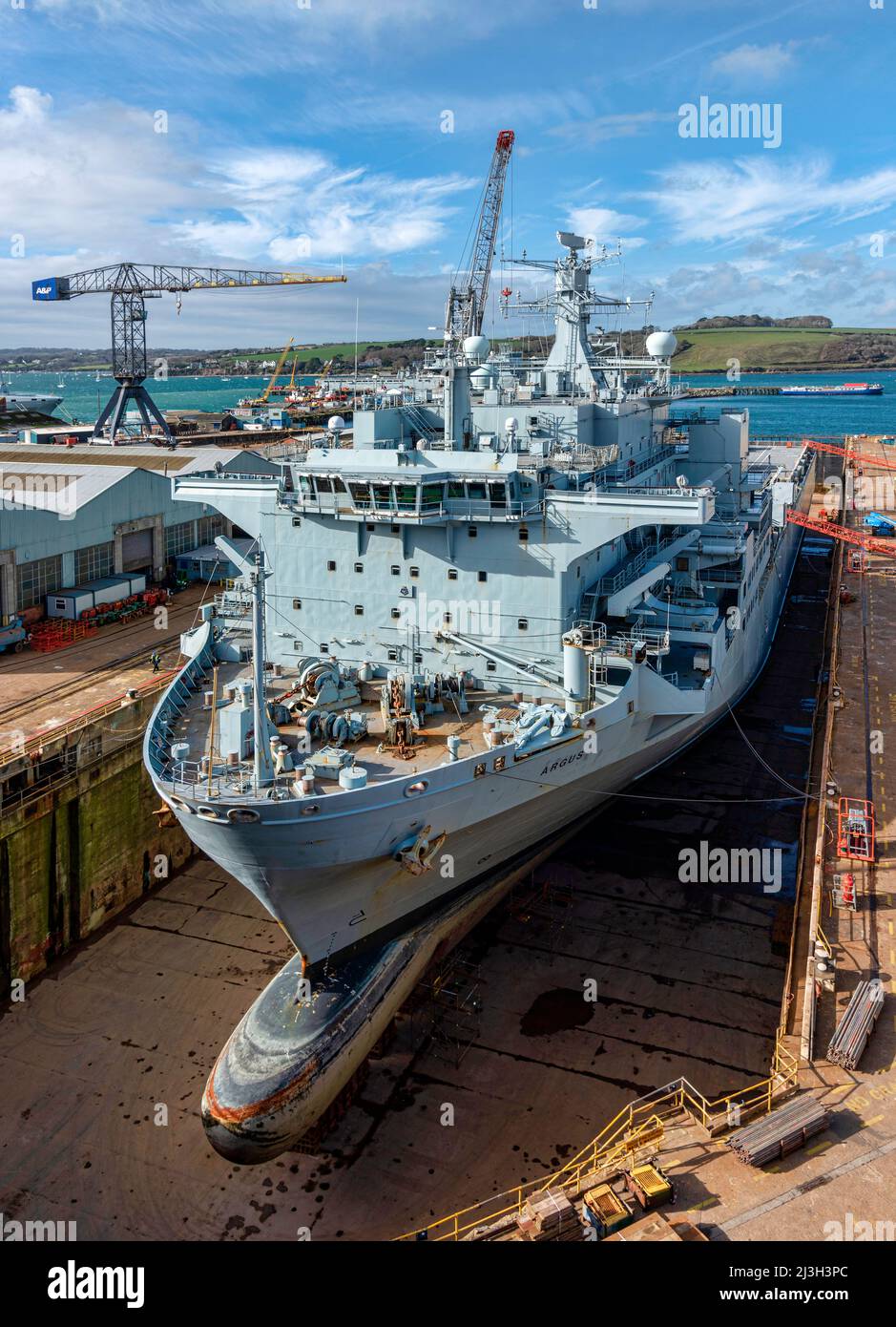 A view of the Royal Fleet Auxiliary hospital ship RFA Argus in dry dock at the A&P facility in Falmouth, Cornwall - March 2018. Stock Photo