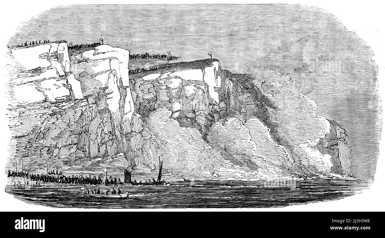The Great Explosion at Seaford - the Explosion - Cliff Falling, 1850. Long shore drift at Seaford in Sussex was causing deposition of debris to such an extent that Seaford Bay, a long time safe haven for shipping, was in danger of becoming too shallow for navigation. A plan was conceived to blow up part of Seaford Head and create a bank to divert the current. 'The operations were conducted by the Board of Ordnance...fifty-five men of the Royal Sappers and Miners engaged upon the works...In the face of the cliff, at 150 feet below the edge, a nearly horizontal gallery was cut into the chalk [wi Stock Photo