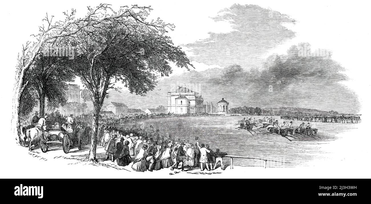 Doncaster Race-Course, 1850. Horse racing in Yorkshire. 'The influx [of spectators] was continuous and immense, and we venture to say that what Doncaster has lost in the grade of its supporters was on this occasion amply made up in numbers. The streets for two or three hours were almost impassable, particularly in the vicinity of the betting-rooms, to obtain an entrance into which was a task of no ordinary difficulty. There the crowd was quite in keeping with that without, but business was the very opposite of what we have had so often to record on the morning of the St. Leger-day. It would be Stock Photo