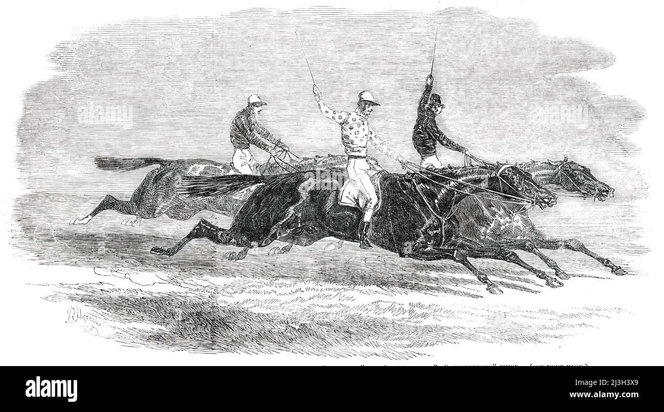 Doncaster Races - the Dead-Heat for the St. Leger Stakes, between &quot;Voltigeur&quot; and &quot;Russborough&quot; - &quot;Bolingbroke&quot; third, 1850. 'Voltigeur, the winner of the Derby, and whose triumph upon the great northern course was looked forward to as a &quot;dead certainty,&quot; and upon whom 6 to 4 was freely offered...was run to a level nose by Russborough, an Irish horse, hitherto unknown to fame...During the final struggle the whole compact mass heaved...with agitation; and the huge...roar of many lusty voices - &quot;Voltigeur wins!&quot; - &quot;Russborough wins!&quot;... Stock Photo