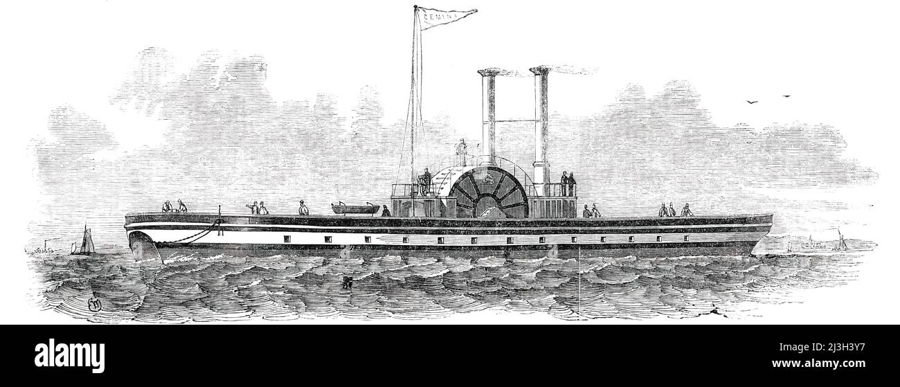 Mr. Peter Borrie's Patent Safety Iron Twin Steamer, 1850. The 'Gemini....adapted for carrying goods, passengers, cattle, and all sorts of vehicles, and either for river or ocean navigation...chiefly constructed of iron, having two separate hulls placed side by side, with a space between them in which the paddle-wheel works...as both ends are exactly similar, the vessel will sail with equal facility either way without turning...On each end of the paddle-box are a number of deck-houses - a cook-house, with apparatus in it for cooking by steam; a state-room, a dining-room, engineer's room, &amp;c Stock Photo