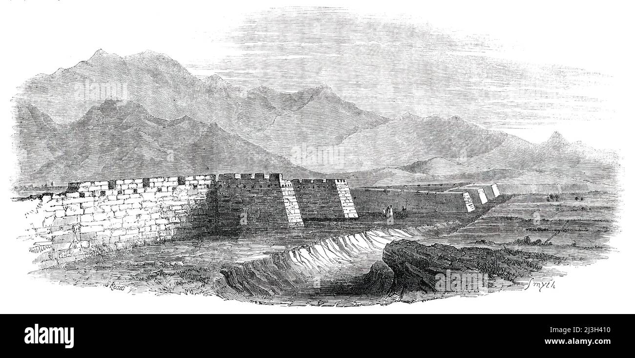 The Great Wall of China, seen from the Top of the Tower, 1850. '...the wall continues apparently more or less in a ruined state for about three miles in a N.N.W. direction over a fine undulating country...It then takes a sudden curve to the S.W., passing near a large town called Shan-hae-wei. Thence it ascends directly up a bleak rugged range of mountains, about 3000 feet in height, creeping up the side like a gigantic serpent and disappearing over the summit of the ridge. The general features of the country about the Wall are very pleasing;  the land, rising slowly from the sea up to the foot Stock Photo