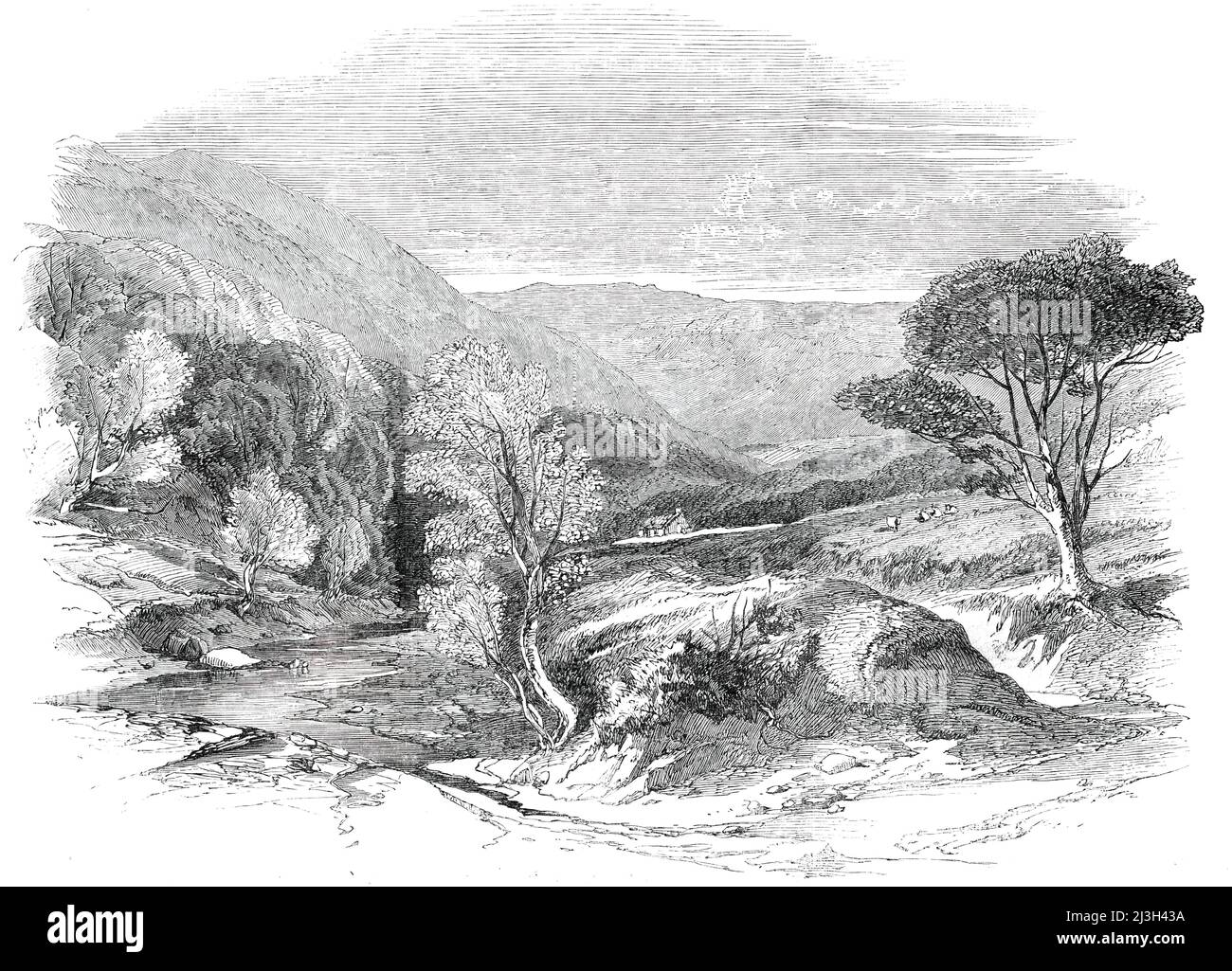 Glen Tilt, near the Marble Lodge, [in Scotland], 1850. 'There was a road through the Glen before the Duke [George Murray, 6th Duke of Atholl] was born...and though he may have - which we very much doubt - a legal right to close it, the charge of churlishness, and a want of sympathy with the public feeling, still remains...Surely his wild glen...would be none the worse if an occasional traveller were allowed to admire it without taking out a passport!...The example set by those princely-minded noblemen who...are not afraid of any desecration from the feet of plebeians, is worthy of imitation... Stock Photo