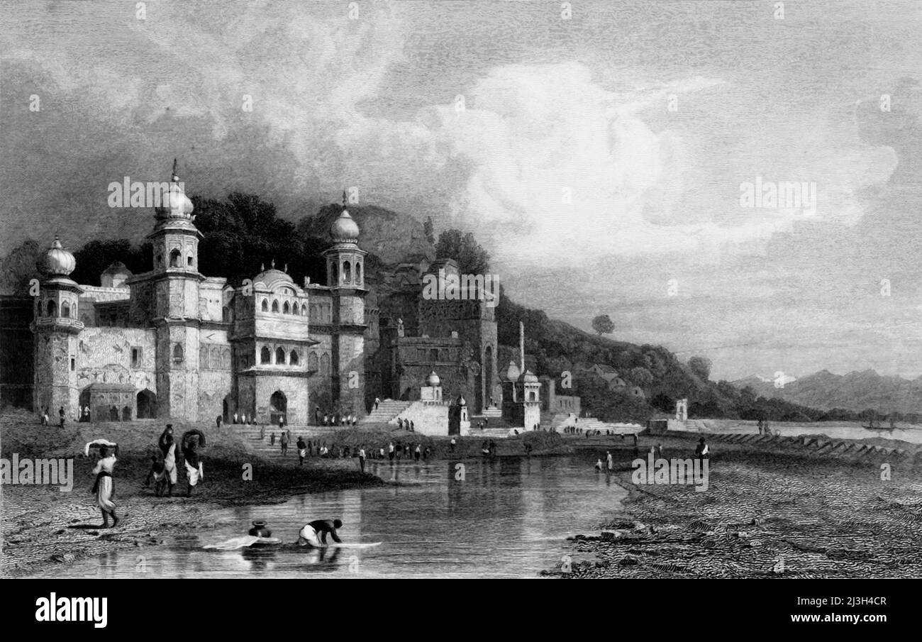 'Hurdwar, A Place of Hindoo Pilgrimage', 1834. Temples on the River Ganges at Haridwar in India. From &quot;Views in India, China and on the Shores of the Red Sea, Vol. I&quot;. [Fisher, Son &amp; Co., London, 1835] Stock Photo