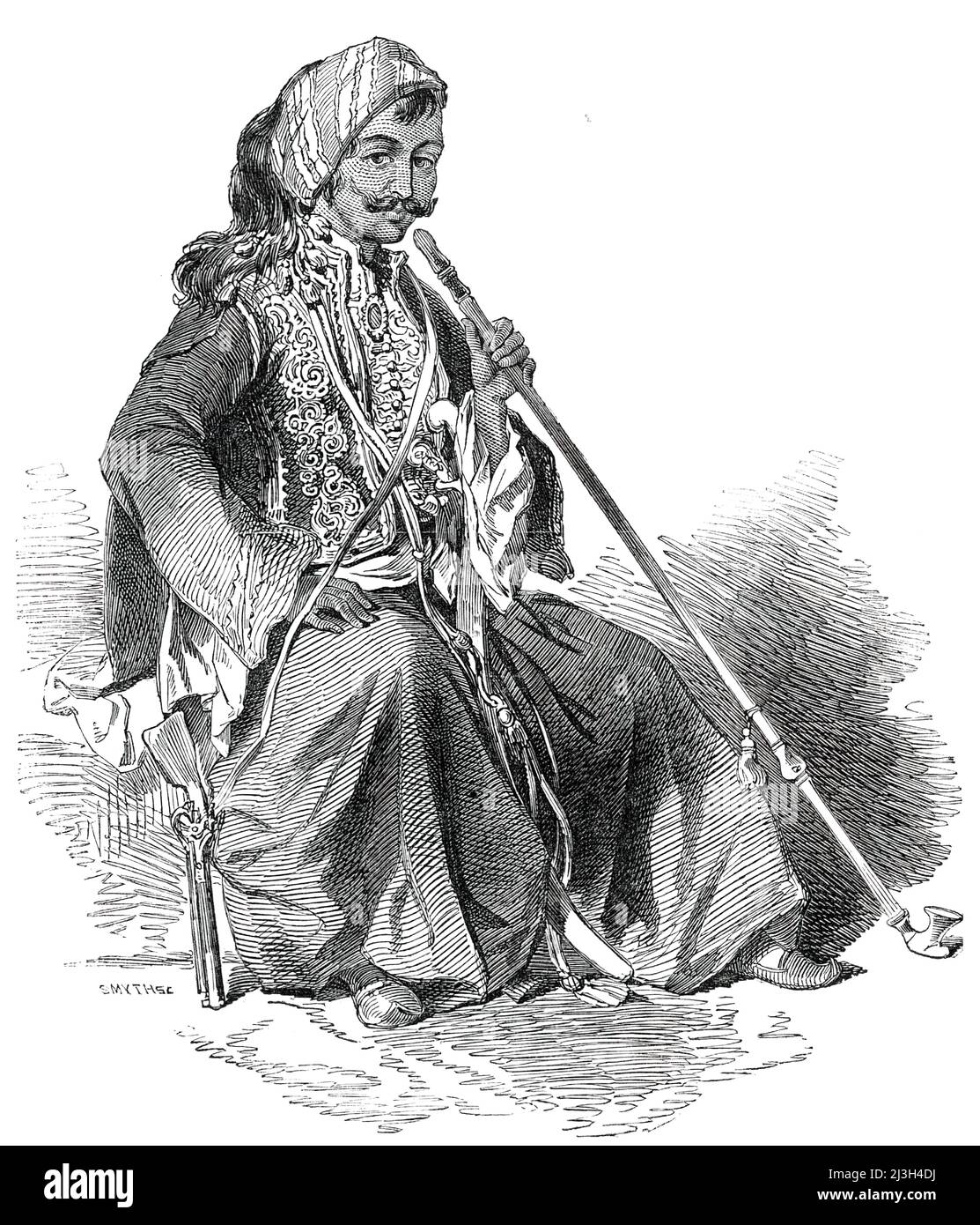 Emir Khanjar, the Prince of Baalbeck, Leader of the Insurrection of Damascus, 1850. Portrait of Khanjar bin Melhem Al-Harfouche: ''the present Emir...is one of the most daring soldiers and distinguished jereed players in any part of Asia. He on frequent occasions put the Turkish troops at defiance with a small troop of his own horsemen; and, when closely pressed, betook himself to his mountain fastnesses north of Baalbeck, and about the Lebanon north of the &quot;cedars&quot; of Lebanon. He on other occasions offered his services to the authorities at Damascus...The present Government in Syria Stock Photo