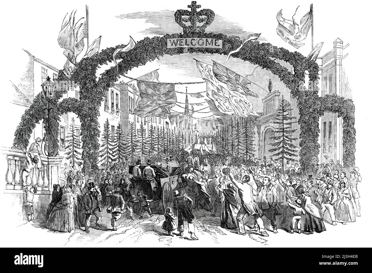 Festivities at Chippenham [in Wiltshire] - the High-Street, from the Bridge - Arrival of Mr. Neeld, M.P., 1850. Locals welcome their MP Joseph Neeld to celebrate the opening of the town's new cheese market, funded by Neeld. 'The whole of that part of the town through which the procession was expected to pass presented the appearance of rejoicings for some great triumph. Fir trees, planted for the occasion, lined the streets and road; festoons of evergreens and flowers extended across the streets in thick succession...[there was] a triumphal arch, surmounted by flags, and the word &quot;Welcome Stock Photo