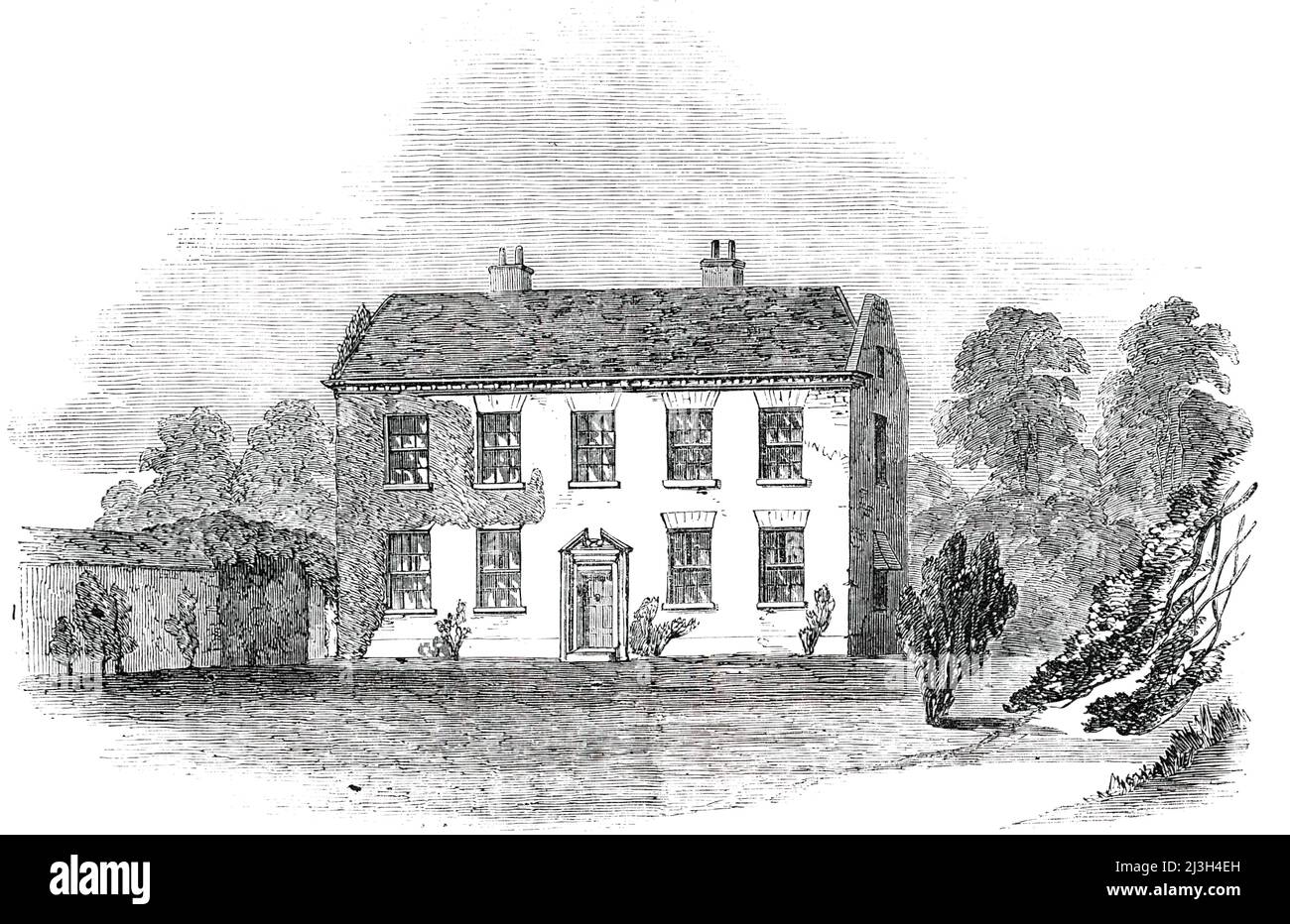 The Parsonage, at Frimley, 1850. 'The quiet little village of Frimley, in Surrey, has been the scene of a frightful crime - a daring burglary, which has unfortunately terminated in the violent death of a venerable and much-respected clergyman, the Rev. George Edward Hollest, who has held the perpetual curacy of this hamlet during the past seventeen years...About three o'clock in the morning, Mr. and Mrs. Hollest were awoke by the noise arising from the presence of two or three burglars in their chamber, and in their attempts to raise an alarm, a pistol or gun-shot wound was inflicted on Mr. Ho Stock Photo
