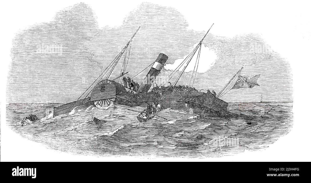 Wreck of the &quot;Superb&quot; Steamer, 1850. 'The wreck of the Superb occurred on the Minquiers Rocks [about 15 km south of Jersey in the Channel Islands] and resulted in the loss of eleven persons, who perished in smooth water and in broad daylight...She struck violently at half-past nine a.m. on the sunken rocks, and immediately filled with water; her bows having been thrown on the rocks, caused her to heel over, throwing the passengers on the starboard side of the vessel. The captain, it is said, immediately ordered the boats (of which there were only two) to be lowered. The fire at the s Stock Photo
