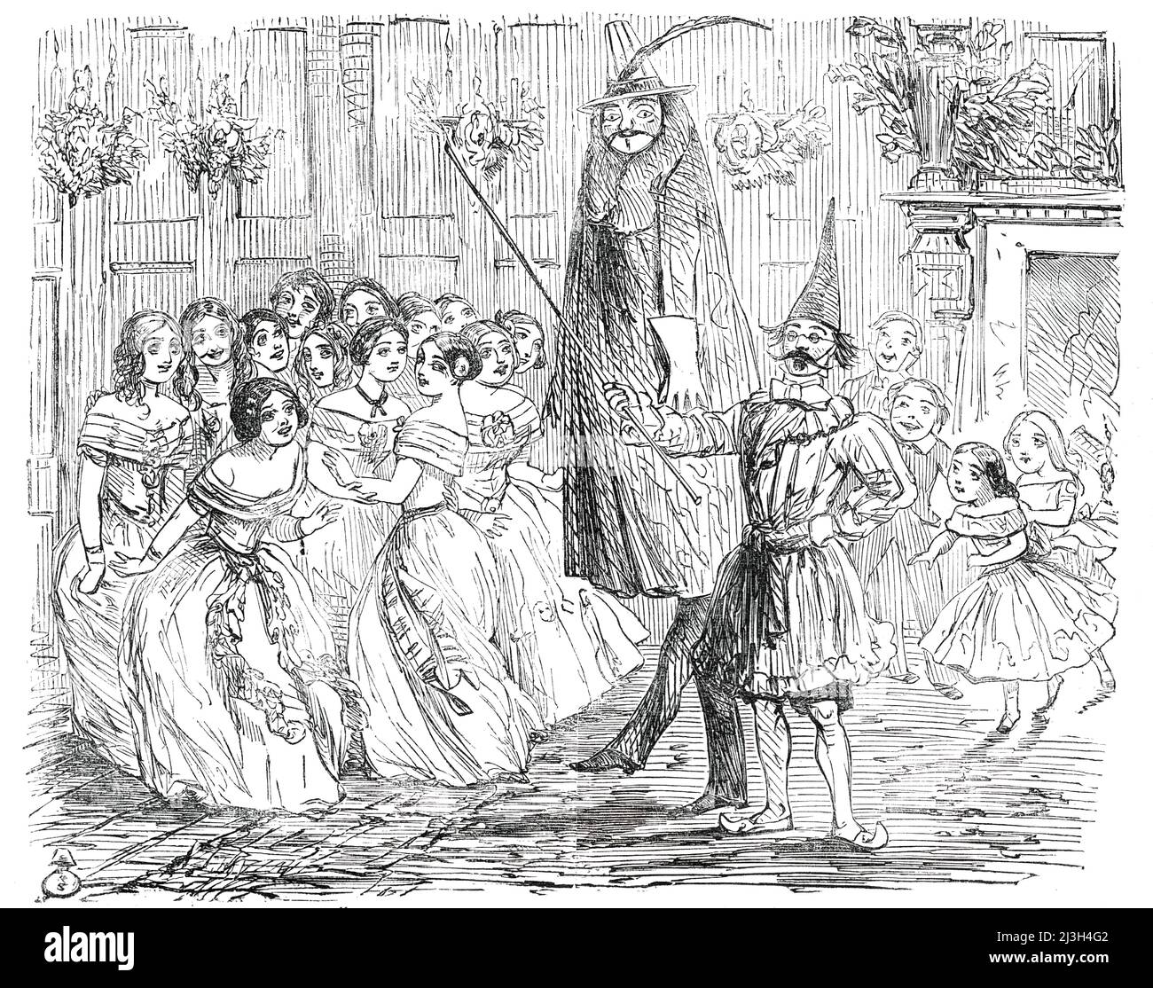 There Is No Deception - drawn by Leech, 1850. Illustration to &quot;Christmas Interiors&quot;, an article by the Old Batchelor. 'I heard a terrific burst, half terror, half laughter, with cries, and rushings to and fro, and gigglings and shouts. Opening the door - Oh these children! what miracle will not their happy presence work on the sourest, and most rational and atrabilious of us old folks !- if there was not grave and iconoclastic Mr. Twinge, Q.C., with all his weight of law, and fifty-six years on his head, performing the &quot;Giant,&quot; draped in Mr. Eyebright's dressing-gown, surmo Stock Photo