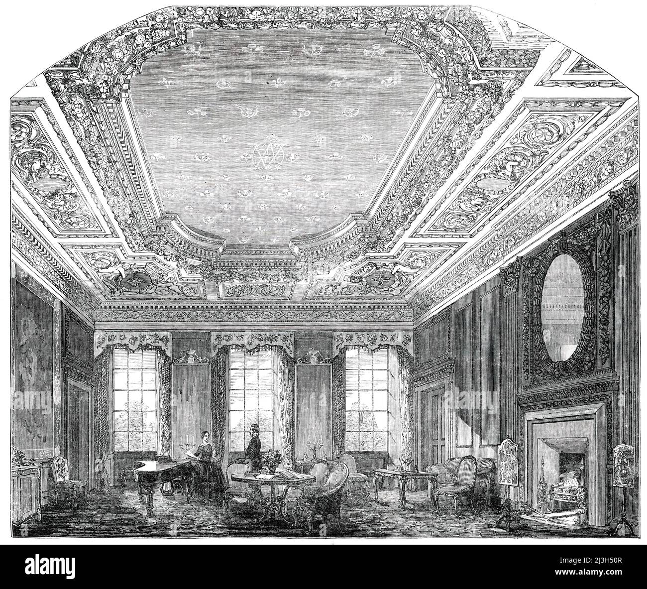 Her Majesty's Apartment at Holyrood, 1850.  Interior of the royal Palace of Holyrood, Edinburgh, Scotland. 'The sitting-room newly fitted for Queen Victoria, is a very handsome apartment, the ceiling being particularly fine. The walls...are wainscoted with dark oak, which, having very recently been cleansed from the obnoxious paint of the last century, imparts a rich appearance to the room. The ceiling is deeply coffered and paneled, and the coffering excessively enriched with pendant festoons of flowers, modelled with wonderful spirit; the ceiling within being painted a negative greenish tint Stock Photo