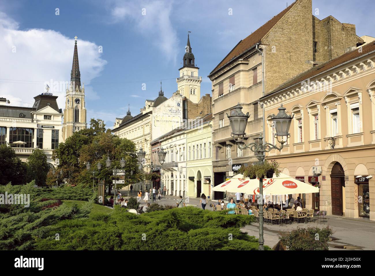 NOVI SAD, SERBIA - JULY 23, 2018: people in the cafe and restaurants of central pedestrian street Stock Photo