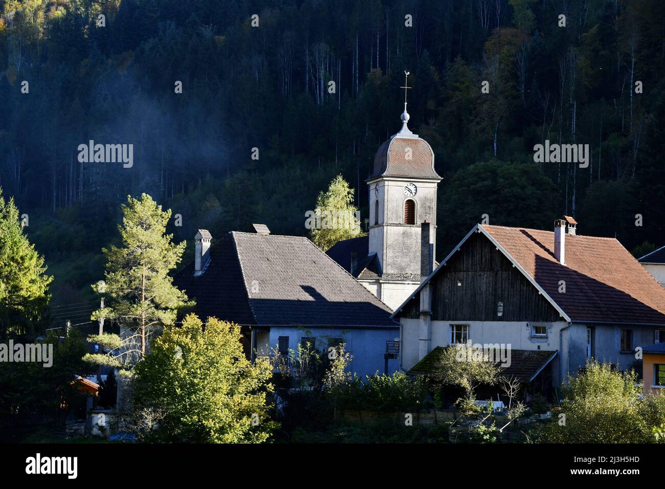 France, Doubs, Rosureux, Dessoubre valley, village, bell tower Stock Photo