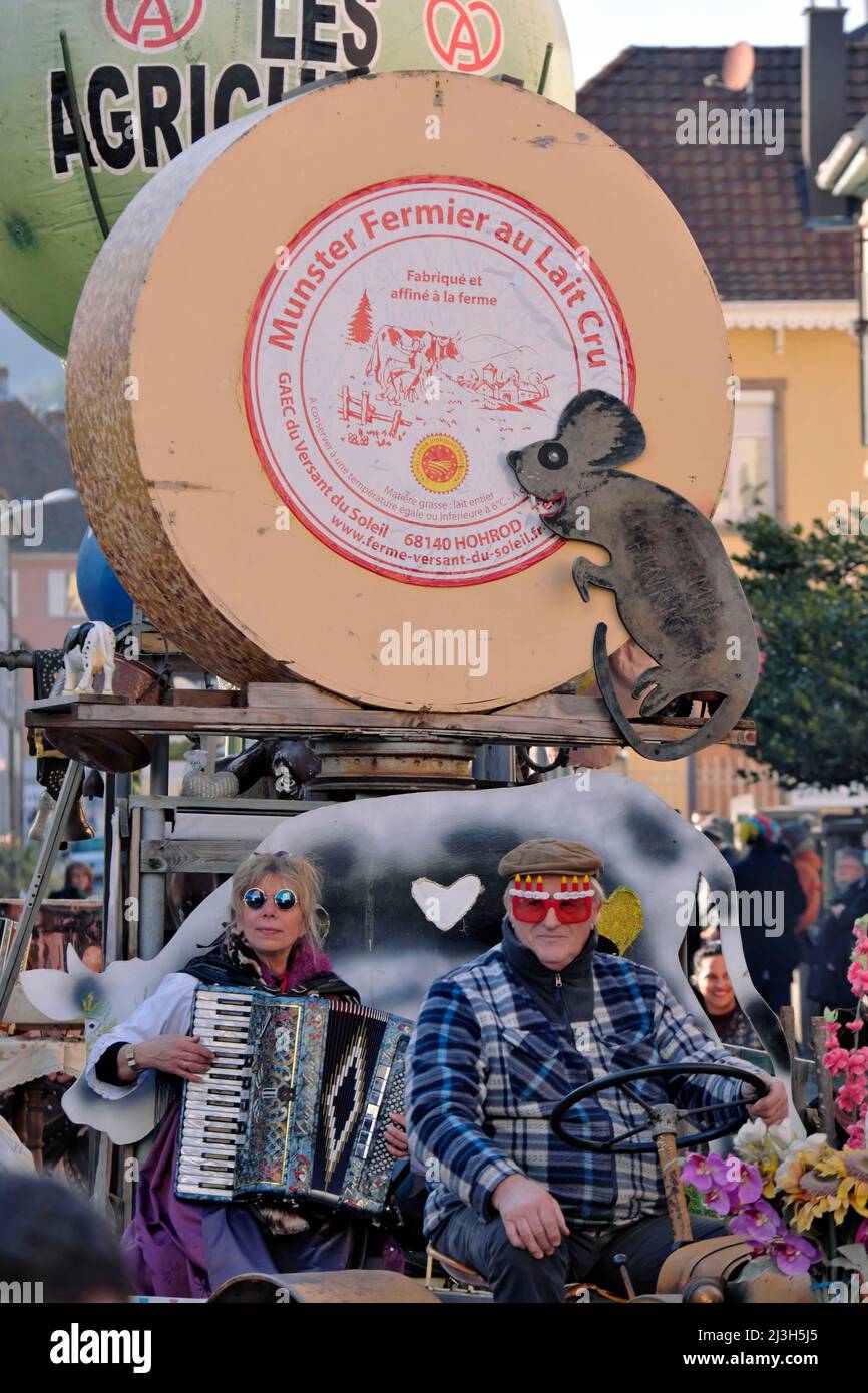 France, Haut Rhin, Munster, Children's carnaval, the parade, char farm inns, farmer Munster cheese, musicians Stock Photo