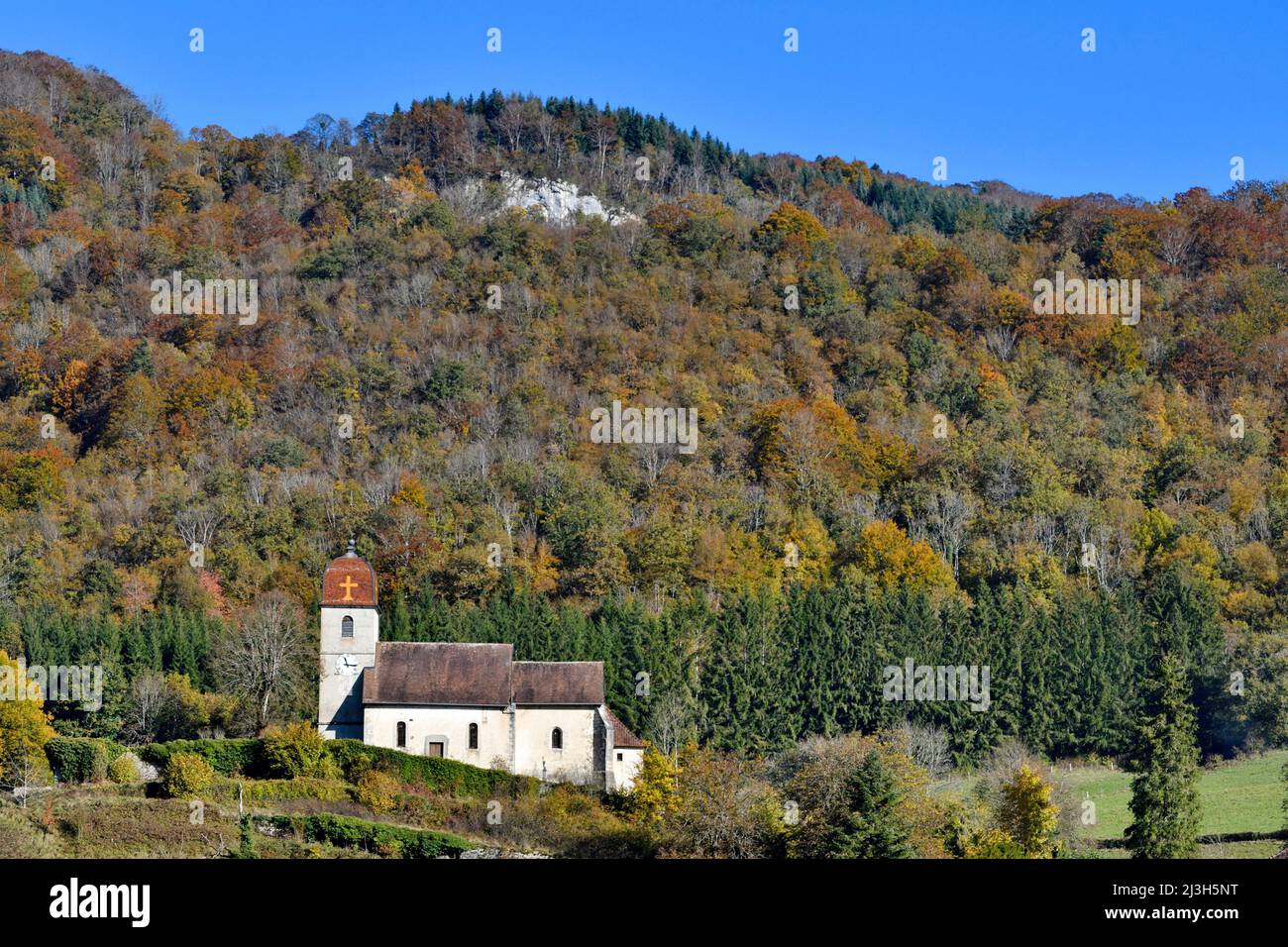 France, Doubs, Vaufrey, bell tower, autumn Stock Photo