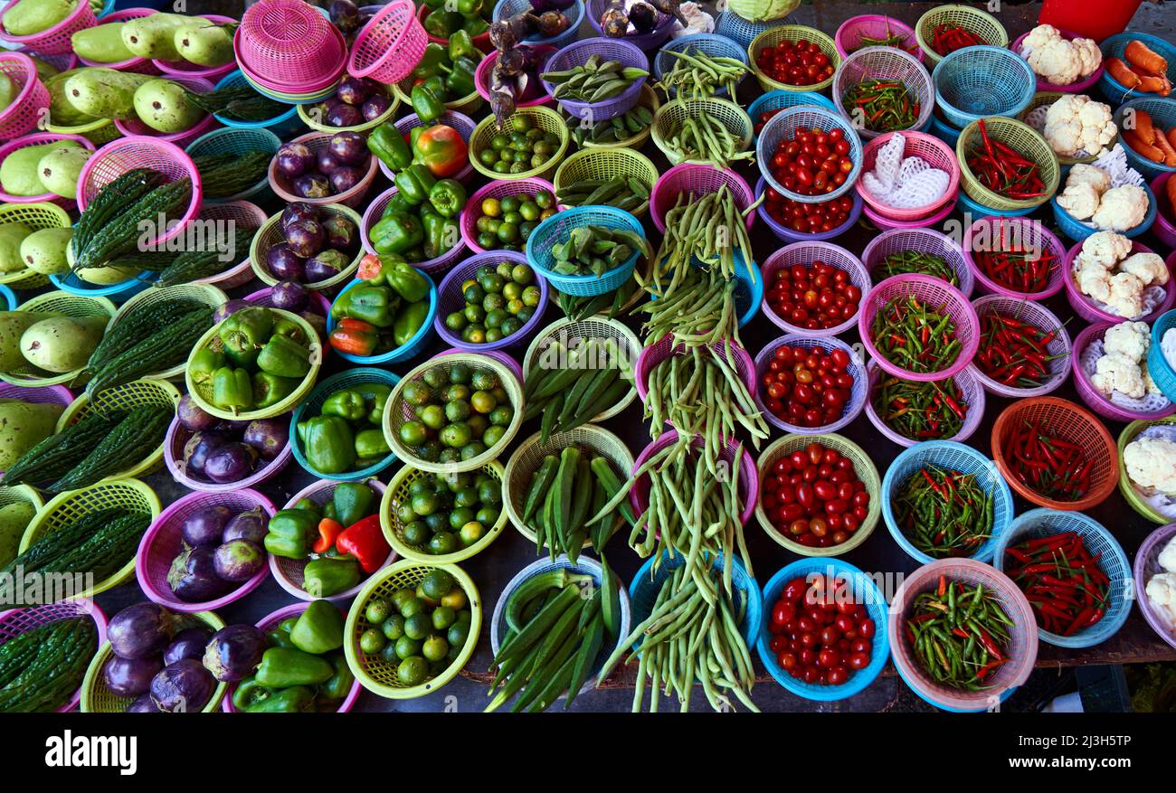 Baskets of fresh vegetables at an asian street market in Kuala Lumpur