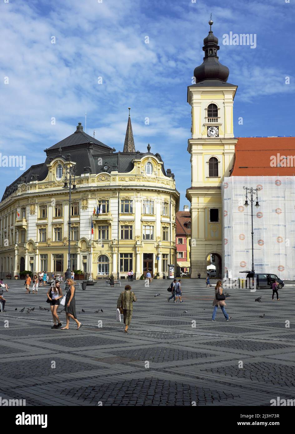 SIBIU, ROMANIA JULY 31, 2018 City Hall and bell tower of Holy