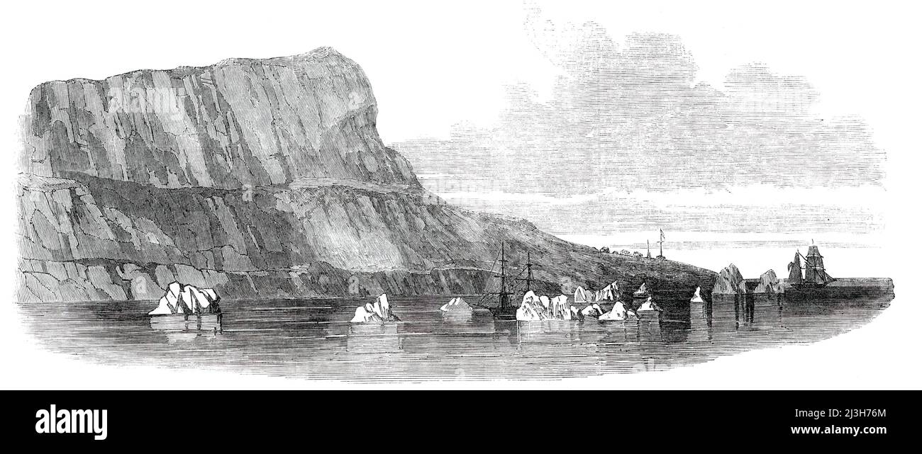 Cape Riley, at the Entrance of Wellington Channel, Barrow's Straits. [Canada], and Remains of Encampment, 1850. Search for Sir John Franklin's expedition, '...the Cape, with the American brig Advance nearly among icebergs aground, and the Prince Albert to the right'. Commander Forsyth '...found marks of five tents having been pitched...several bones (beef, pork, &amp;c.)...placing it almost beyond a doubt...that they were left on that spot by the expedition under Sir John Franklin...Forsyth's voyage...will be handed down...as one of the most remarkable, if not the most remarkable that has ever Stock Photo