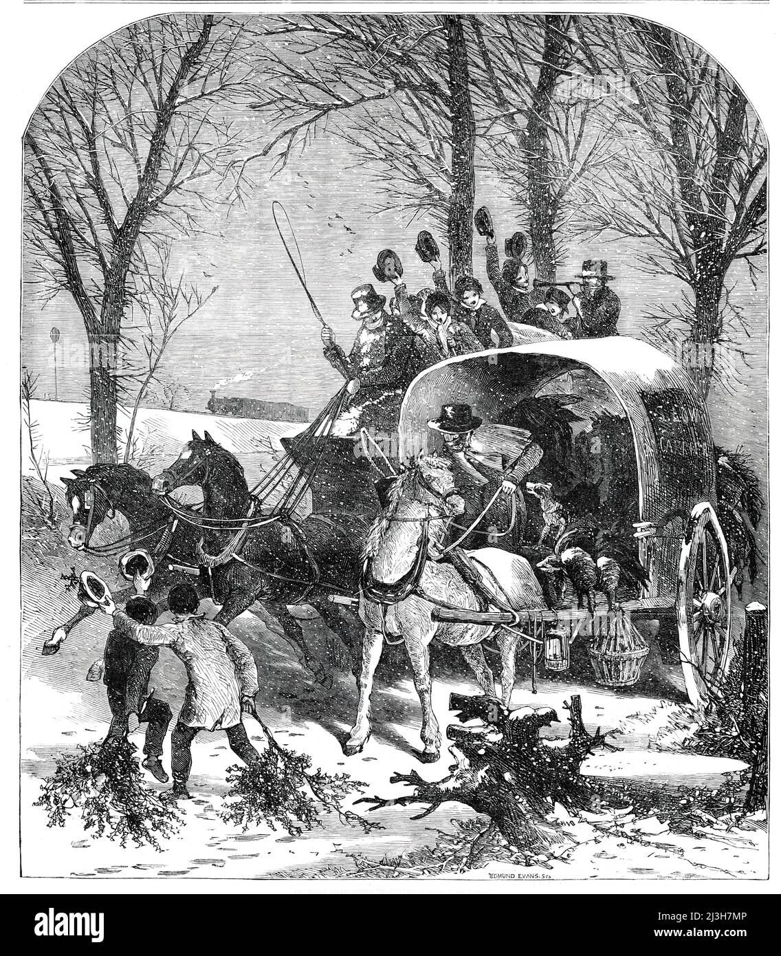 Country Road Scene in Winter - drawn by Foster, 1850. A carter pulls to one side for a stagecoach with schoolboys travelling home for the Christmas holidays. Illustration to a poem by H.: 'Less care they who crowd the roof - Happy schoolboys, overglad; To the weather Christmas-proof; Laughing, shouting, almost mad! Thoughts of home and merry times, Sing within their hearts, like chimes. Hears their shout, with answering joy, Carrier, looking from his cart; Once he was himself a boy, And is yet one in his heart. Willing, then, he turns aside - They may pass him in their pride'. From &quot;Illus Stock Photo