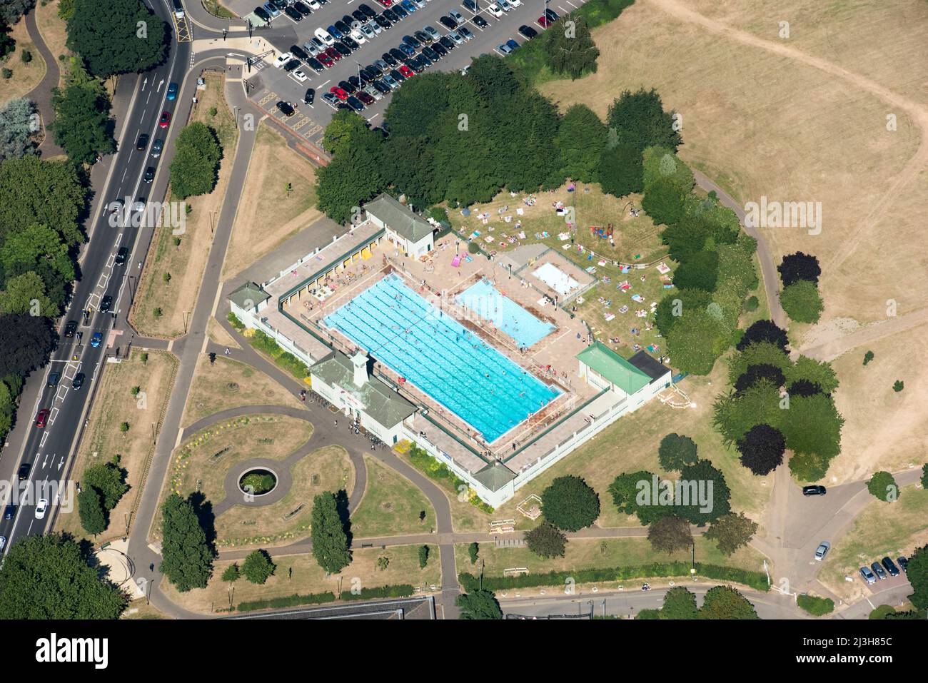 Peterborough Lido, first opened in 1936 and still in use today, Peterborough, Cambridgeshire, 2018. Stock Photo